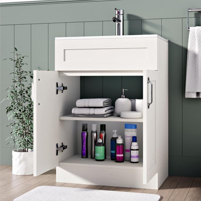 BELOFAY Crawley White 600mm Floor Standing Bathroom Vanity Unit With Basin - Laquered Cloakroom Vanity Unit with 1 Tap Hole Cerami