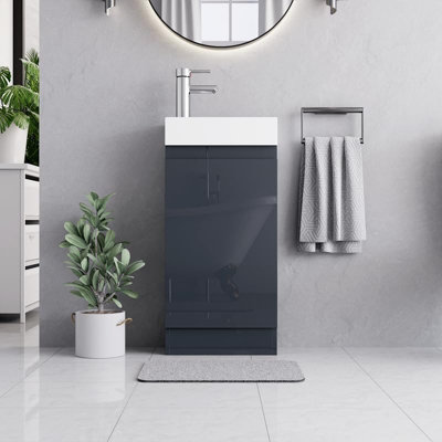 BELOFAY Denvor Grey 400mm Floor Standing Bathroom Vanity Unit With Basin - Laquered Cloakroom Vanity Unit with 1 Tap Hole Ceramic