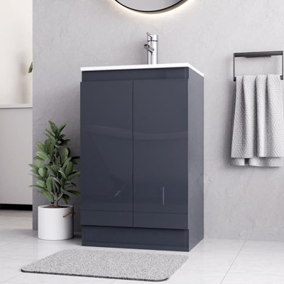 BELOFAY Denvor Grey 500mm Floor Standing Bathroom Vanity Unit With Basin - Laquered Cloakroom Vanity Unit with 1 Tap Hole Ceramic