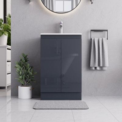 BELOFAY Denvor Grey 500mm Floor Standing Bathroom Vanity Unit With Basin - Laquered Cloakroom Vanity Unit with 1 Tap Hole Ceramic