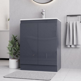 BELOFAY Denvor Grey 600mm Floor Standing Bathroom Vanity Unit With Basin - Laquered Cloakroom Vanity Unit with 1 Tap Hole Basin