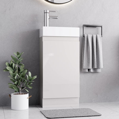 BELOFAY Denvor White 400mm Floor Standing Bathroom Vanity Unit With Basin - Laquered Cloakroom Vanity Unit with 1 Tap Hole Basin