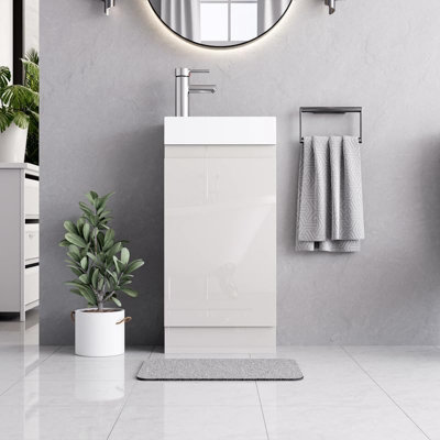 BELOFAY Denvor White 400mm Floor Standing Bathroom Vanity Unit With Basin - Laquered Cloakroom Vanity Unit with 1 Tap Hole Ceramic