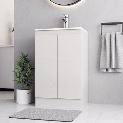 BELOFAY Denvor White 500mm Floor Standing Bathroom Vanity Unit With Basin - Laquered Cloakroom Vanity Unit with 1 Tap Hole Ceramic