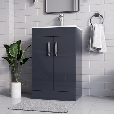 BELOFAY New York Grey 500mm Floor Standing Bathroom Vanity Unit With Basin - Laquered Cloakroom Vanity Unit with 1 Tap Hole Basin