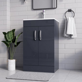 BELOFAY New York Grey 500mm Floor Standing Bathroom Vanity Unit With Basin - Laquered Cloakroom Vanity Unit with 1 Tap Hole Cerami