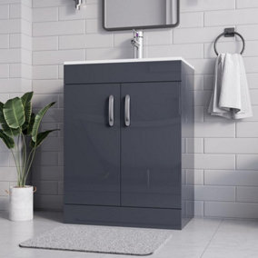 BELOFAY New York Grey 600mm Floor Standing Bathroom Vanity Unit With Basin - Laquered Cloakroom Vanity Unit with 1 Tap Hole Cerami