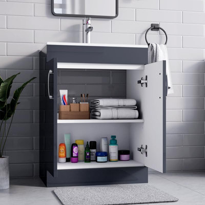 BELOFAY New York Grey 600mm Floor Standing Bathroom Vanity Unit With Basin - Laquered Cloakroom Vanity Unit with 1 Tap Hole Cerami
