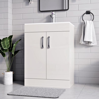 BELOFAY New York White 600mm Floor Standing Bathroom Vanity Unit With Basin - Laquered Cloakroom Vanity Unit with 1 Tap Hole Basin