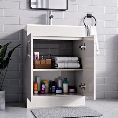 BELOFAY New York White 600mm Floor Standing Bathroom Vanity Unit With Basin - Laquered Cloakroom Vanity Unit with 1 Tap Hole Basin