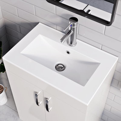 BELOFAY New York White 600mm Floor Standing Bathroom Vanity Unit With Basin - Laquered Cloakroom Vanity Unit with 1 Tap Hole Basin