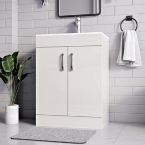 BELOFAY New York White 600mm Floor Standing Bathroom Vanity Unit With Basin - Laquered Cloakroom Vanity Unit with 1 Tap Hole Ceram