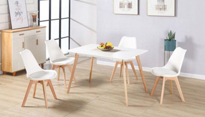 Bendal Dining Set 4 Chairs in White and Beech with White PU Leather