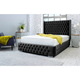 Benito Plush Bed Frame With Winged Headboard - Black
