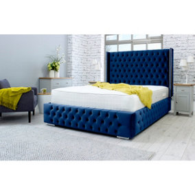Benito Plush Bed Frame With Winged Headboard - Blue