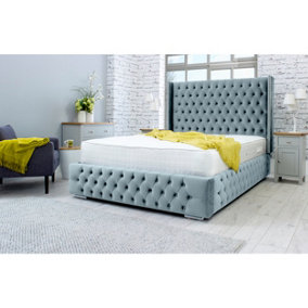 Benito Plush Bed Frame With Winged Headboard - Duck Egg