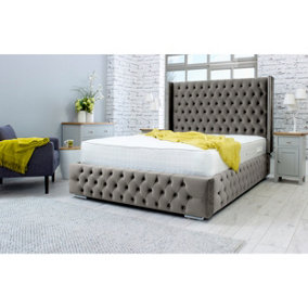 Benito Plush Bed Frame With Winged Headboard - Grey