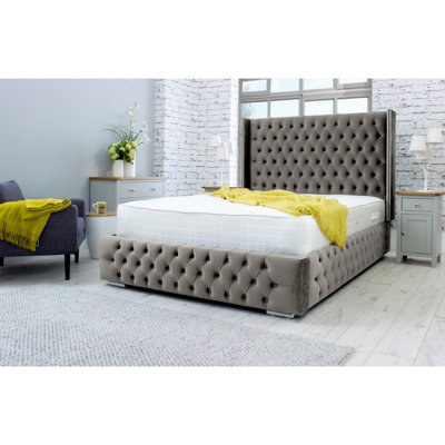 Benito Plush Bed Frame With Winged Headboard - Grey | DIY at B&Q