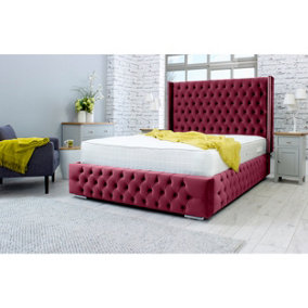 Benito Plush Bed Frame With Winged Headboard - Maroon