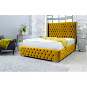 Benito Plush Bed Frame With Winged Headboard - Mustard Gold