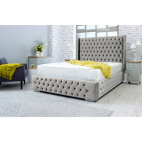 Benito Plush Bed Frame With Winged Headboard - Silver