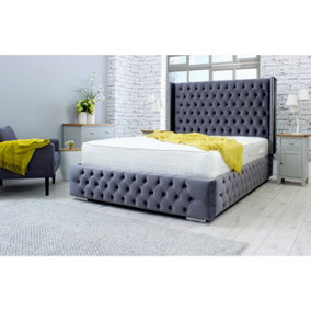 Benito Plush Bed Frame With Winged Headboard - Steel