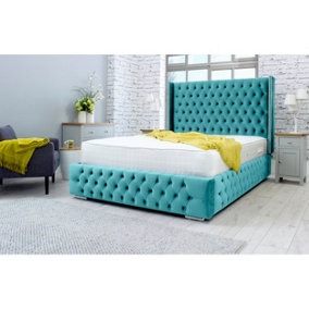 Benito Plush Bed Frame With Winged Headboard - Teal