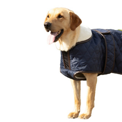 Image showcasing Benji & Flo Quilted Teddy Fleece Dog Coat Navy/Chocolate (XL-71cm)