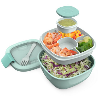 Bentgo All-in-One Salad Container With Large Bowl, Bento Tray, Sauce Container & Fork - Coastal Aqua