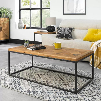 Bentley Designs Greenwich Oak Coffee Table - Rustic Oak Marquetry Top with Industrial Black Metal Base, Fully Assembled