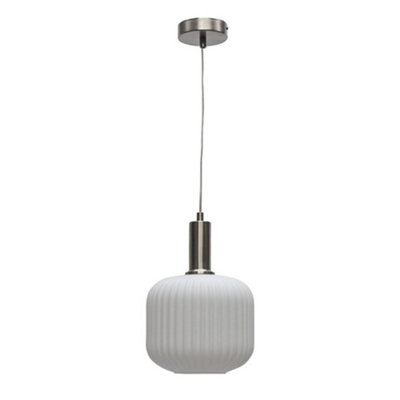 Bento - White Ribbed Glass Satin Nickel Deco Pendant Fitting