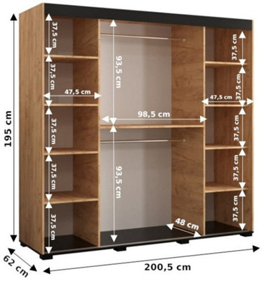 Bergamo T2 Contemporary 2 Sliding Door Mirrored Wardrobe Black Handles 9 Shelves 2 Rails Oak Effect (H)1950mm (W)2000mm (D)620mm