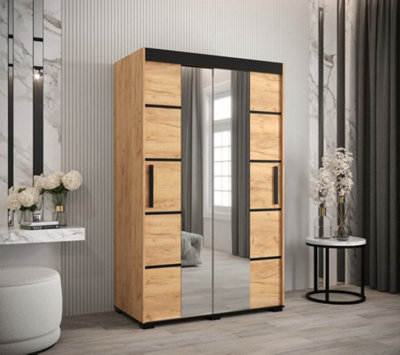 Bergamo V4 Contemporary 2 Sliding Door Mirrored Wardrobe Black Handles 5 Shelves 2 Rails Oak Effect (H)1950mm (W)1200mm (D)620mm