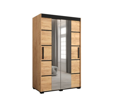 Bergamo V4 Contemporary 2 Sliding Door Mirrored Wardrobe Black Handles 5 Shelves 2 Rails Oak Effect (H)1950mm (W)1200mm (D)620mm