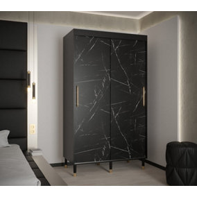 Bergen Contemporary 2 Sliding Door Wardrobe Gold Handles Marble Effect 5 Shelves 2 Rails Black (H)2080mm (W)1200mm (D)620mm