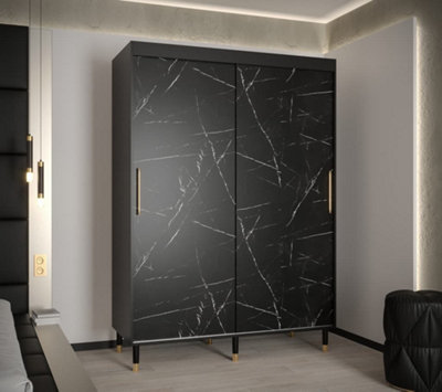 Bergen Contemporary 2 Sliding Door Wardrobe Gold Handles Marble Effect 5 Shelves 2 Rails Black (H)2080mm (W)1500mm (D)620mm