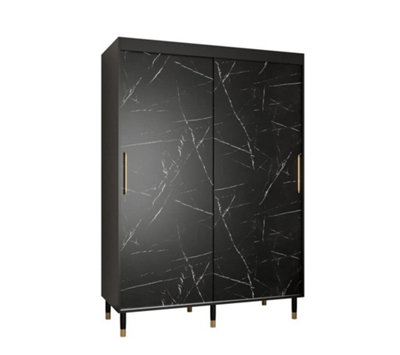 Bergen Contemporary 2 Sliding Door Wardrobe Gold Handles Marble Effect 5 Shelves 2 Rails Black (H)2080mm (W)1500mm (D)620mm