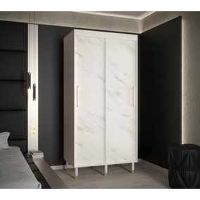 Bergen Contemporary 2 Sliding Door Wardrobe Gold Handles Marble Effect 5 Shelves 2 Rails White (H)2080mm (W)1000mm (D)620mm