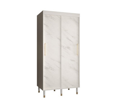 Bergen Contemporary 2 Sliding Door Wardrobe Gold Handles Marble Effect 5 Shelves 2 Rails White (H)2080mm (W)1000mm (D)620mm