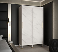 Bergen Contemporary 2 Sliding Door Wardrobe Gold Handles Marble Effect 5 Shelves 2 Rails White (H)2080mm (W)1200mm (D)620mm