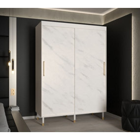 Bergen Contemporary 2 Sliding Door Wardrobe Gold Handles Marble Effect 5 Shelves 2 Rails White (H)2080mm (W)1500mm (D)620mm