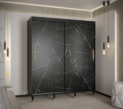 Bergen Contemporary 2 Sliding Door Wardrobe Gold Handles Marble Effect 9 Shelves 2 Rails Black (H)2080mm (W)1800mm (D)620mm