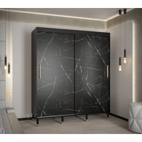 Bergen Contemporary 2 Sliding Door Wardrobe Gold Handles Marble Effect 9 Shelves 2 Rails Black (H)2080mm (W)1800mm (D)620mm
