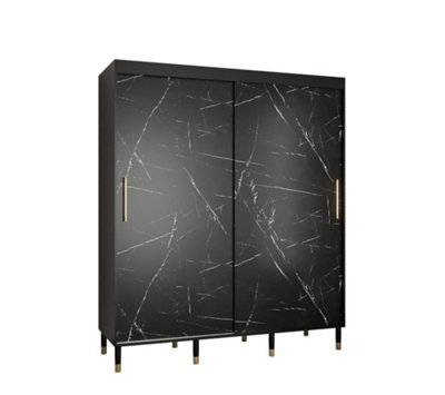 Bergen Contemporary 2 Sliding Door Wardrobe Gold Handles Marble Effect 9 Shelves 2 Rails Black (H)2080mm (W)1800mm (D)620mm