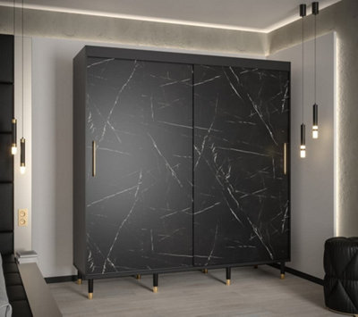 Bergen Contemporary 2 Sliding Door Wardrobe Gold Handles Marble Effect 9 Shelves 2 Rails Black (H)2080mm (W)2000mm (D)620mm