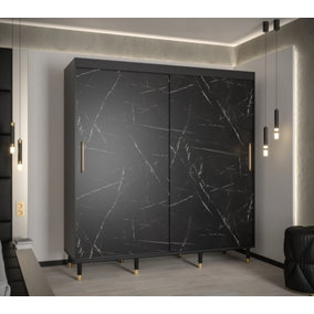 Bergen Contemporary 2 Sliding Door Wardrobe Gold Handles Marble Effect 9 Shelves 2 Rails Black (H)2080mm (W)2000mm (D)620mm