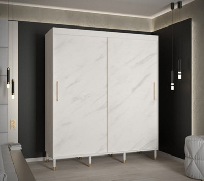 Bergen Contemporary 2 Sliding Door Wardrobe Gold Handles Marble Effect 9 Shelves 2 Rails White (H)2080mm (W)1800mm (D)620mm