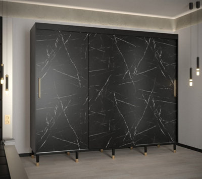 Bergen Contemporary 3 Sliding Door Wardrobe Gold Handles Marble Effect 9 Shelves 2 Rails Black (H)2080mm (W)2500mm (D)620mm