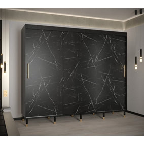 Bergen Contemporary 3 Sliding Door Wardrobe Gold Handles Marble Effect 9 Shelves 2 Rails Black (H)2080mm (W)2500mm (D)620mm
