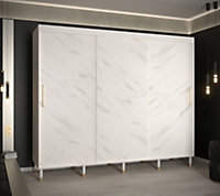 Bergen Contemporary 3 Sliding Door Wardrobe Gold Handles Marble Effect 9 Shelves 2 Rails White (H)2080mm (W)2500mm (D)620mm